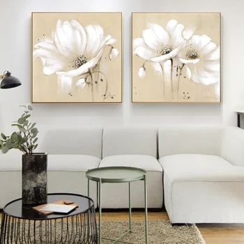 Velké Květy Plátno Umění Nástěnné Malby Domácí Výzdoba Bílé Abstraktní Květin, Umění Moderní Tisky Obrázků Pro Obývací Pokoj Cuadros
