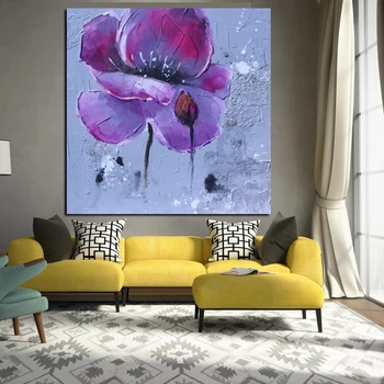 Velké velikosti Ručně vyráběné plátno, olejomalba na zdi krásný fialový květ, pro domácí dekorace pro obývací pokoj bez rámováno