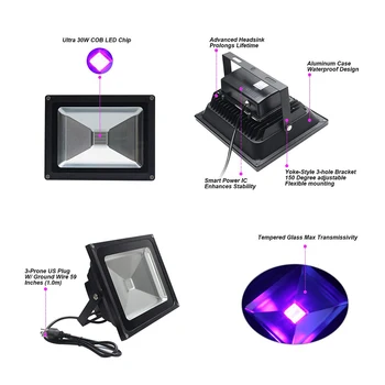 Venkovní 10W 20W 30W UV LED Reflektor AC85-265V IP65 Vodotěsný Ultra Violet UV Black Light Fázi Světla pro DJ Disco Party Bar