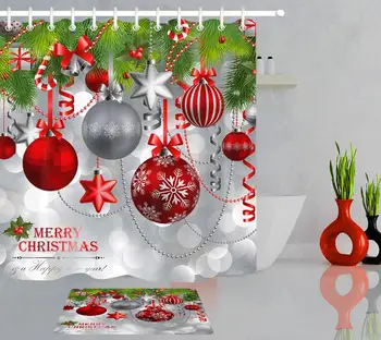 Veselé Vánoce, Vánoční Výzdoba, Koule s Zelená Jedle List Polyester Vodotěsné Sprchový Závěs 12 Hák Koupelna s Vanou Příslušenství Sady