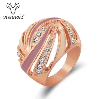 Viennois Rose Gold Plated Velikost Prsteny pro Ženy, Smalt, Růžový, Bílé Šatonové Krystaly Koktejl Prsten Módní Šperky