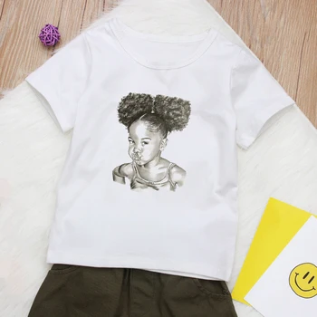 Vintage Africké malá černá holka print t-shirt roztomilý melaninu tričko letní děti tričko bílý top pro dívky dětské oblečení