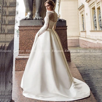 Vintage Dlouhý Rukáv Svatební Šaty roku 2020 Line Lopatka Nášivka Iluze Zpět Svatební Šaty s Kapsami Plus Velikosti