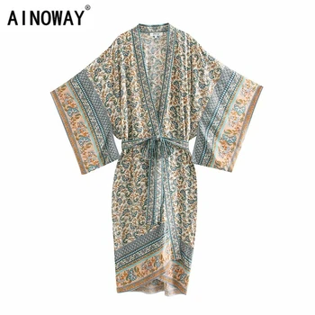 Vintage elegantní ženy květinový print bat rukáv beach Bohémské Kimono šaty Dámské V krku Střapec Letní Boho plášť vestidos