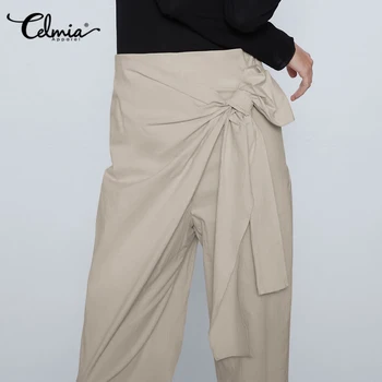 Vintage Kalhoty Celmia Módní Office Pevné Dlouhé Kalhoty Plus Velikosti Neformální Asymetrický Vysoký Pasu Volné Ženské Kalhoty Femininas 7