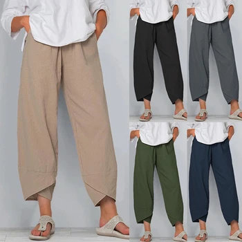 Vintage Tištěné Harémové Kalhoty, Ženy Ležérní Kalhoty Elastickým Pasem Bavlněné Povlečení Širokou Nohu Kalhoty Volné Locanda Fiorita Letní Plus Velikosti Kalhoty