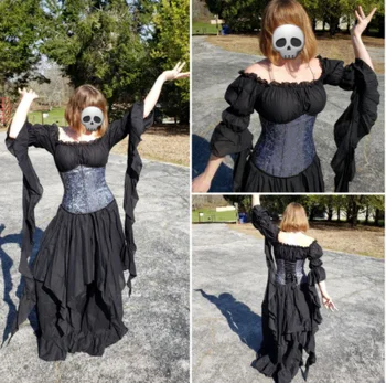 Vintage Viktoriánské Středověké Renesanční Šaty Černé Gothic Šaty Ženy Cosplay Halloween Kostým Ples Princezna Šaty Plus Velikosti 5XL