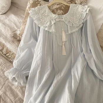 Vintage Výšivky Bavlna Dámské Dlouhé Noční košile Jaro Podzim oblečení na Spaní Elegantní Žena Noc Oblékat pohodlné domácí oblečení