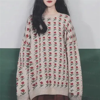 Vintage Ženy Podzim Zima Plus Velikosti set Růže Květ Dlouhý rukáv svetr+červená Vysokým Pasem Skládaná sukně korejské Ženy Sladká vyhovuje