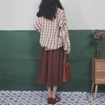 Vintage Ženy Podzim Zima Plus Velikosti set Růže Květ Dlouhý rukáv svetr+červená Vysokým Pasem Skládaná sukně korejské Ženy Sladká vyhovuje