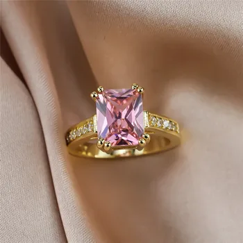 Vintage Ženy Růžový Crystal Stone Šperky Kouzlo Zlaté Barvy, Tenké Snubní Prsteny Pro Ženy Roztomilý Nevěsta Náměstí Zirkony Zásnubní Prsten