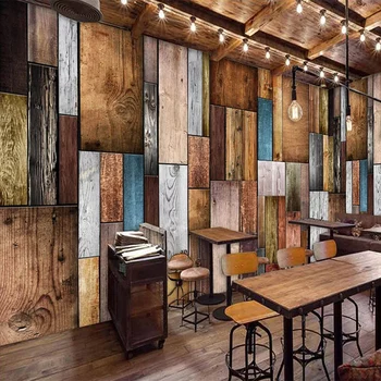 Vlastní 3D Nástěnné Malby Tapety Home Decor Retro Nostalgické Barevné Dřevěné Desce Cafe Restaurant Obývací Pokoj Nástěnné Malby