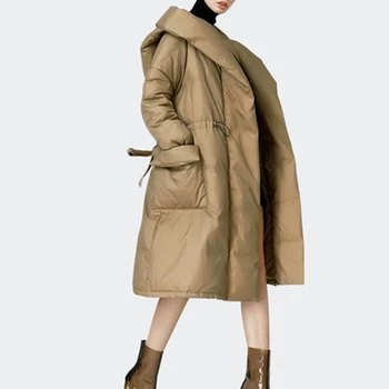 Volné high-street cool styl zahustit a teplé dolů kabát plus velikosti s kapucí bundy Nastavitelný pas ženy vynosit quailty