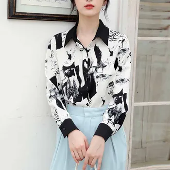 Volné Tisk Vintage Inkoustem Květinové Černé a Bílé Barvy Košile Ženy Dlouhý Rukáv Nové Módní Halenka Blusas Mujer De Moda 2021 11460