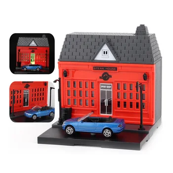 Vtipné DIY Mini City Street View Kit 1ks Dům Model se Světly + 1ks Slitiny Die-Cast Vozidla pro Děti Děti Vánoční Dárky
