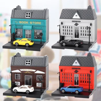 Vtipné DIY Mini City Street View Kit 1ks Dům Model se Světly + 1ks Slitiny Die-Cast Vozidla pro Děti Děti Vánoční Dárky