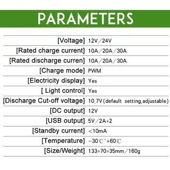 Vysoce Kvalitní 30A 12V/24V PWM Solární Panel, Regulátor Nabíjení Li-ion a Olověné Baterie USB Nabíječky, LCD Displej