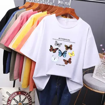 Vysoce kvalitní letní motýl t-košile ženy krátký rukáv trička velká velikost oversize topy bavlněné, 6XL, 8XL 10XL volné domů tees 60