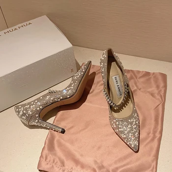 Vysoké podpatky dámy podzim zima 2020 nová víla styl slim pata diamond svatební boty pearl svatební boty špičaté boty