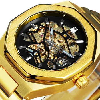VÍTĚZEM Módní Zlaté Hodinky Kostry Mužů Automatické Mechanické Top Značky Luxusní Náramkové Hodinky Pro Muže z Nerezové Oceli Popruh часы