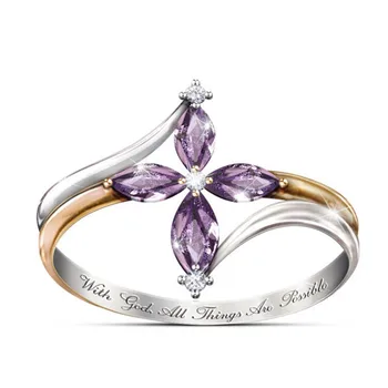 Výročí módní dvoubarevné dámské prsten ve tvaru květiny lesklé zirkony vykládané fialová crystal kůň oko zirkon prsten