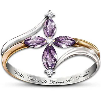 Výročí módní dvoubarevné dámské prsten ve tvaru květiny lesklé zirkony vykládané fialová crystal kůň oko zirkon prsten