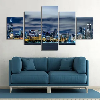 Wall Art Modulární Canvas HD Tisky, Plakáty, Domácí Výzdoba Obrázky 5 Ks Chicago Skyline Umění Obrazy Rámec