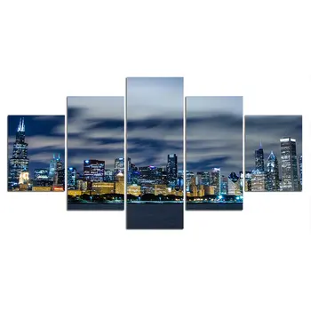 Wall Art Modulární Canvas HD Tisky, Plakáty, Domácí Výzdoba Obrázky 5 Ks Chicago Skyline Umění Obrazy Rámec
