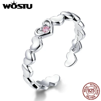 WOSTU 925 Sterling Silver Srdce Tvaru Kroužků Nastavitelná Velikost Prstu Růžová Zirkon Prsten Pro Ženy, Svatební Šperky 925 DAR100