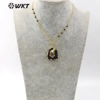 WT-N1166 WKT Zlato Bezel Přírodní Černý Turmalín S Crystal Dekorace Přívěsek Módní Šperky Náhrdelník 18 Palců+2 cm Prodloužení
