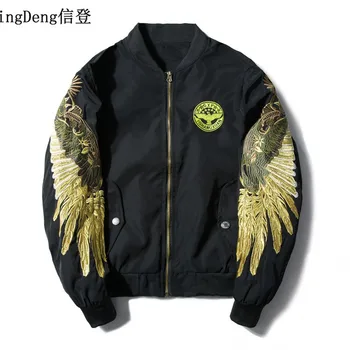 XingDeng Nové Pánské Streetwear wing Jacket Černá Výšivka pilot Bombardéru módní volné Značky-oblečení top coat plus 3XL