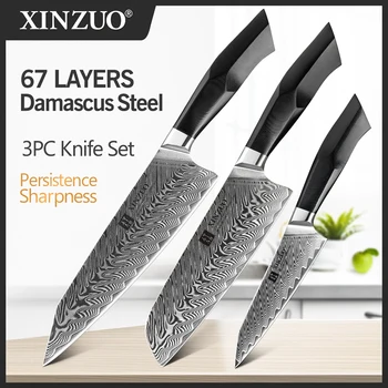 XINZUO 3KS Kuchyňské Nože Set G10 Rukojeť 67 vrstev s Vysokým obsahem Uhlíku VG10 Damašek Oceli Super Ostrý Nůž, Zeleniny, Masa, Ovoce Nůž