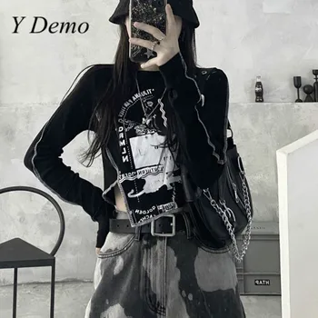 Y Demo Harajuku Nepravidelné Dlouhý Rukáv T-shirt Ženy Grunge Patchwork O-neck Slim Tees 2020 Příležitostné Topy Oblečení