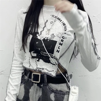 Y Demo Harajuku Nepravidelné Dlouhý Rukáv T-shirt Ženy Grunge Patchwork O-neck Slim Tees 2020 Příležitostné Topy Oblečení
