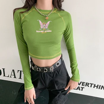 Y2k Tričko Gothic Zelené Grunge Styl Butterfly Topy Tištěné Grafické T-Shirt O-Neck Dlouhý Rukáv Plodin Ženy Oblečení S Výšivkou