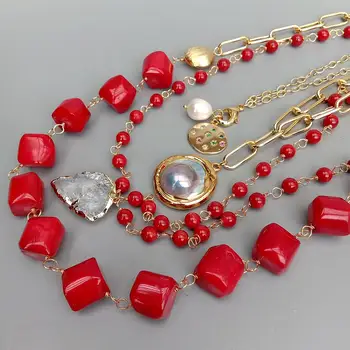 Y·YING Red Coral Gold barva Pozlacený Řetěz Náhrdelník Mabe Pearl Quartzs Přívěsek 17