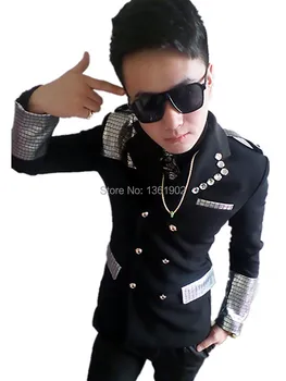 Zakázku Korea hvězdy, černé flitry pánské ds, dj, zpěvák tanečník výkon svrchní kostým show slim sako oblek