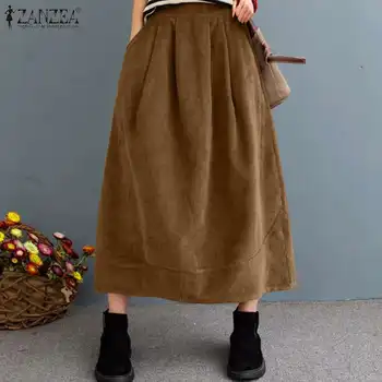 ZANZEA 2021 Ležérní Elastický Pas Maxi Vestidos Vintage Manšestrové Sukně Dámské Podzimní Šaty Ženské Pevný Plášť Femme Plus Velikost