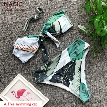 Zelený List Tisk Bikini Set Nových Luk Bandeau Plavky Vysokým Pasem Plavky Ženy Brazilské Plavky Push Up Plavky