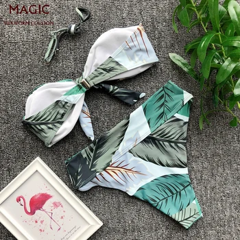 Zelený List Tisk Bikini Set Nových Luk Bandeau Plavky Vysokým Pasem Plavky Ženy Brazilské Plavky Push Up Plavky