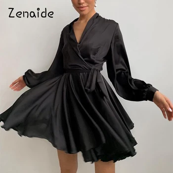 Zenaide Sexy Mini Zavinovací Šaty Saténové Želírovacího Rukávu 2021 Dámská Zimní Vysokým Pasem Křídel Tunika Hedvábí Společenské Šaty