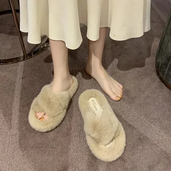 Zimní Dámské Papuče Chlupaté snímky Skluzu na Dámy Nadýchané Pantofle Dámské Žabky Plyšové Boty Zapatos De Mujer