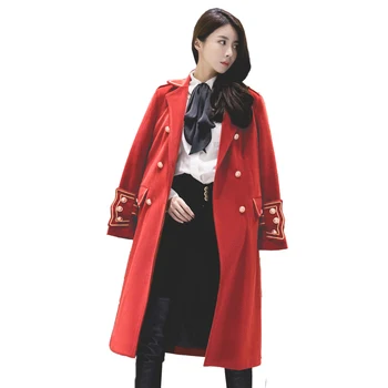 Zimní Kabát Ženy Dlouhé Ležérní Vojenské Armády Práce Vlněný Kabát Teplé Dámské Elegantní Červené Oversize Kabát E6738