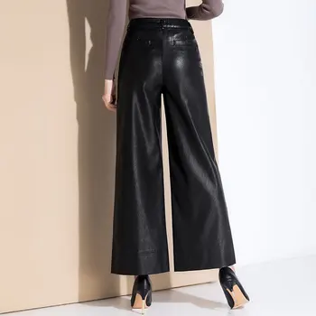 Zimní módní ženy tlusté originální kožené kalhoty s vysokým pasem, příležitostné Ovčí kůže kalhoty ženské velvet černé široké kalhoty nohy F521