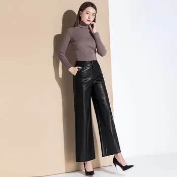 Zimní módní ženy tlusté originální kožené kalhoty s vysokým pasem, příležitostné Ovčí kůže kalhoty ženské velvet černé široké kalhoty nohy F521