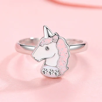 Zimní Nový Roztomilý 925 Sterling Silver Unicorn Kroužky pro Dívky, Děti, Růžový Smalt Zvířat Prst Prsten, Děti, Šperky, Dárek k Narozeninám