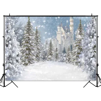 Zimní sníh Hrad Pozadí pro Fotografie Merry Christmas Photo studio pozadí borového lesa, sněhová vločka party dekorace photo