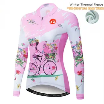 Zimní Tepelné Fleece Ženy Dlouhé Kalhoty Sleeve Cyklistika Jersey Oblečení Cyklistické Venkovní Horské Silnici Jednotné Bike Triatlon Růžová