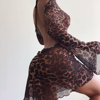 ZKYZWX Sexy Leopard Print Mesh Vidět Přes s hlubokým Výstřihem Bodycon Mini Šaty pro Ženy Podzim Šaty Obvaz Party Club Šaty