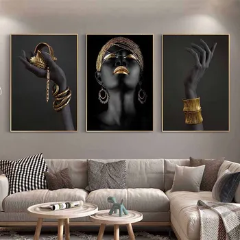 Zlaté Rty Šperky Krásná Černá Dívka Wall Art Malířské Plátno Nordic Plakáty A Tisky Nástěnné Obrázky Pro Livign Pokoj Dekor